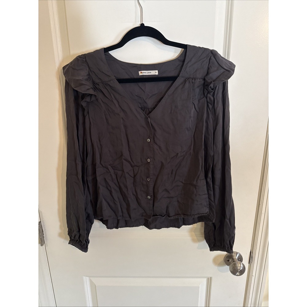 Marine Layer Women's Rory Long Sleeve Charcoal Gray Ruffle Blouse Size Medium